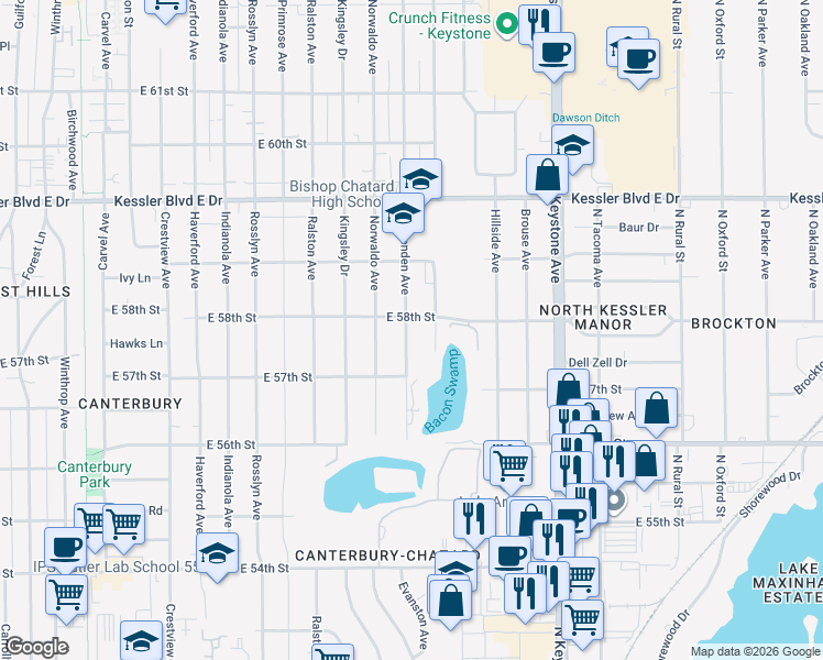 map of restaurants, bars, coffee shops, grocery stores, and more near 5730 Crittenden Avenue in Indianapolis