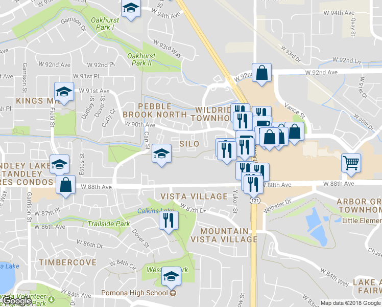 map of restaurants, bars, coffee shops, grocery stores, and more near 7934 West 90th Avenue in Westminster