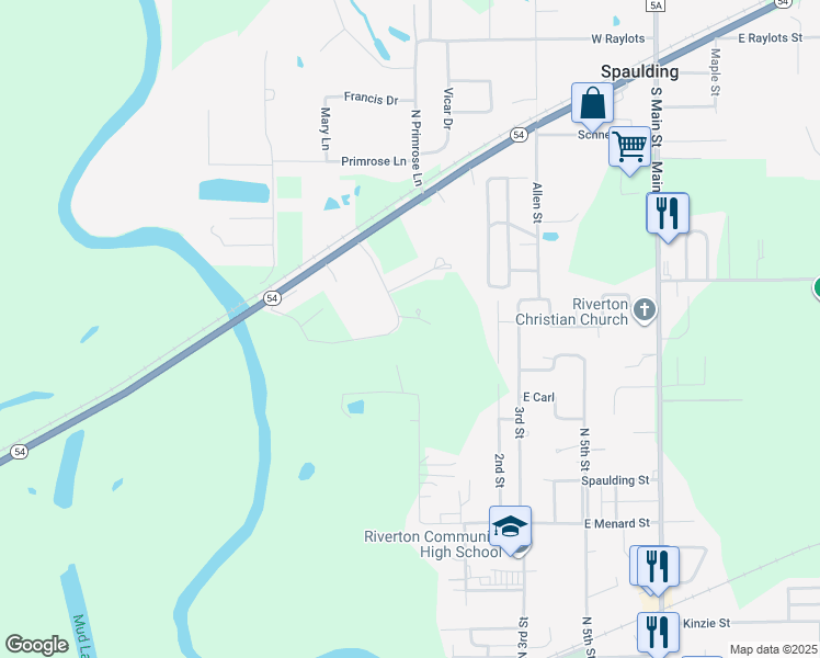 map of restaurants, bars, coffee shops, grocery stores, and more near 5446-5484 River View Road in Spaulding