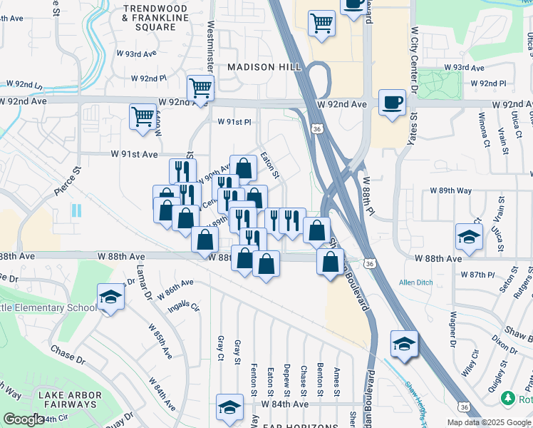 map of restaurants, bars, coffee shops, grocery stores, and more near 5453 West 88th Avenue in Westminster