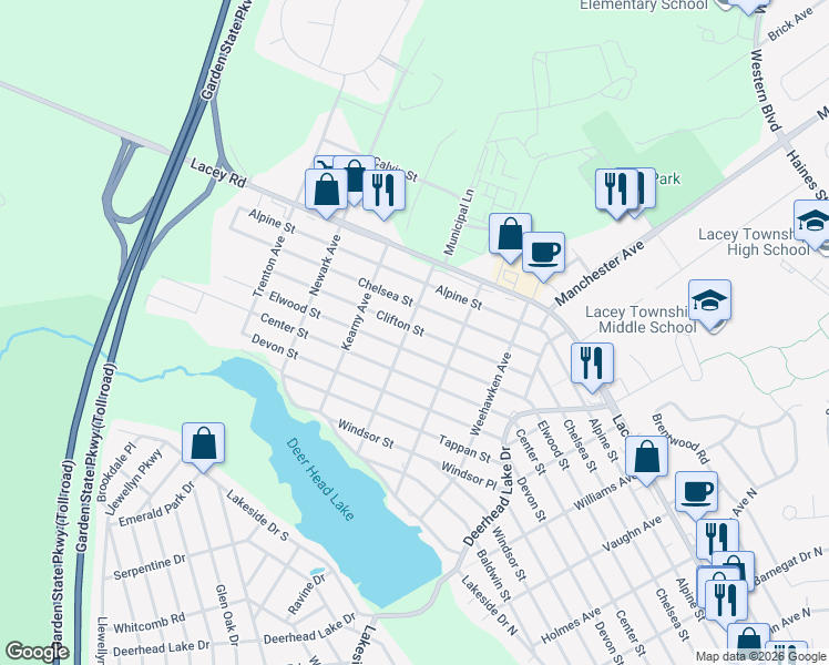 map of restaurants, bars, coffee shops, grocery stores, and more near 836 Arlington Avenue in Lacey Township