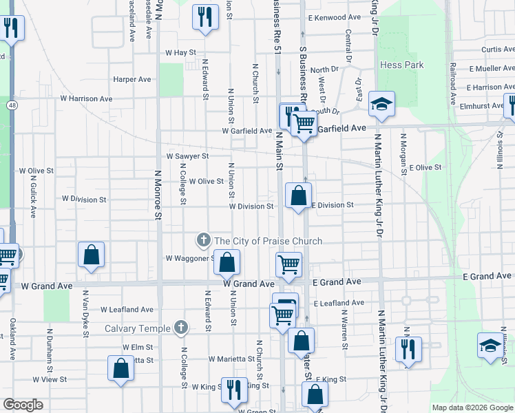 map of restaurants, bars, coffee shops, grocery stores, and more near North Church Street in Decatur