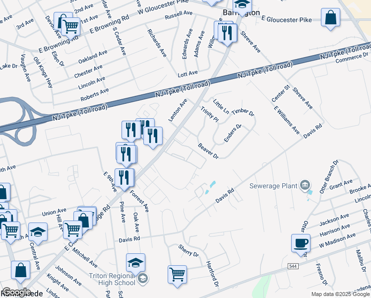 map of restaurants, bars, coffee shops, grocery stores, and more near 1202 Hancock Drive in Barrington