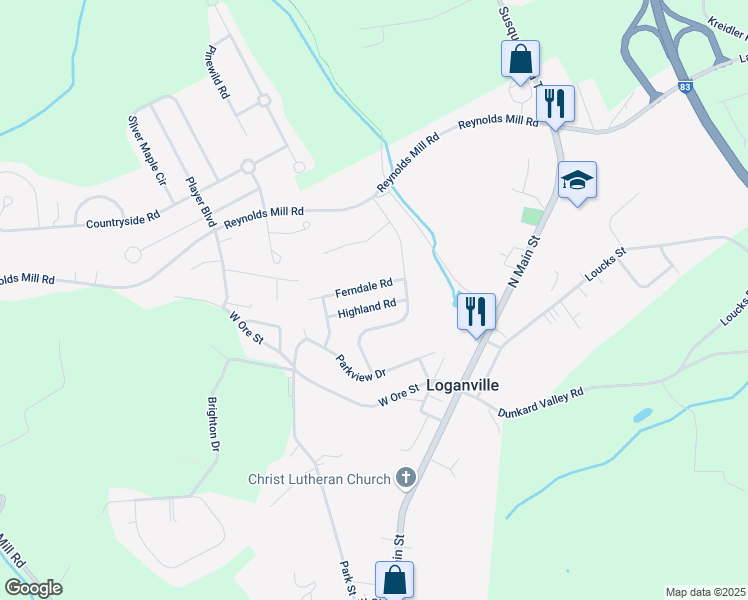 map of restaurants, bars, coffee shops, grocery stores, and more near 7 Highland Road in Seven Valleys