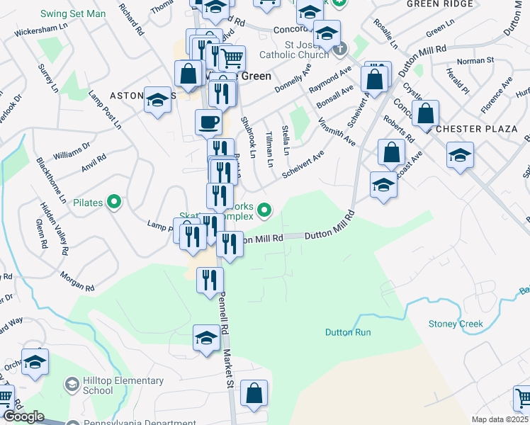 map of restaurants, bars, coffee shops, grocery stores, and more near 3100 Dutton Mill Road in Aston