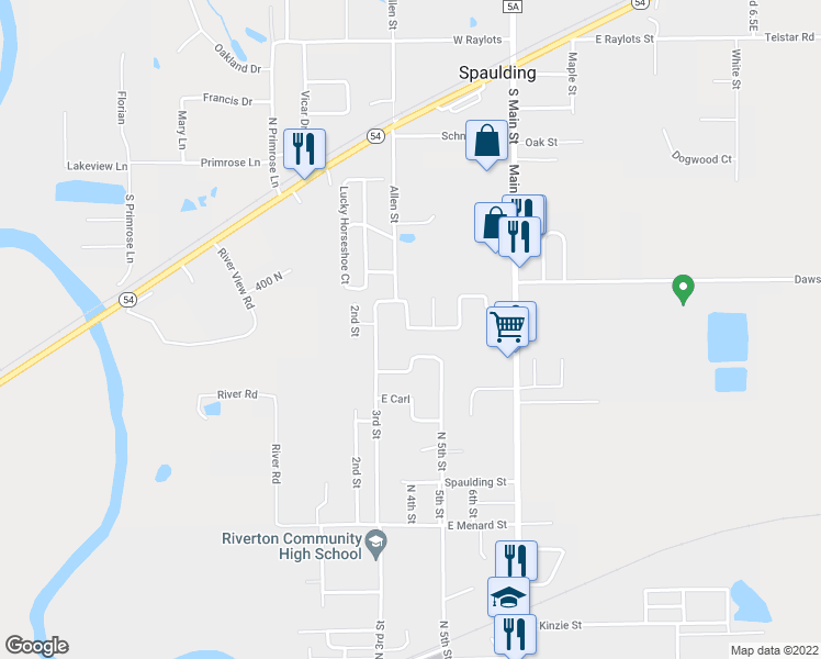 map of restaurants, bars, coffee shops, grocery stores, and more near 23 Powell Street in Riverton