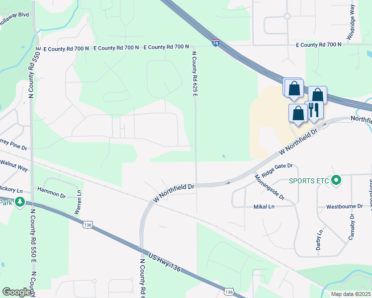 map of restaurants, bars, coffee shops, grocery stores, and more near 6505 North County Road 625 East in Brownsburg