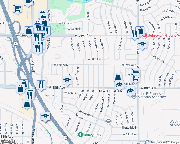 map of restaurants, bars, coffee shops, grocery stores, and more near 8881 Rutgers Street in Westminster