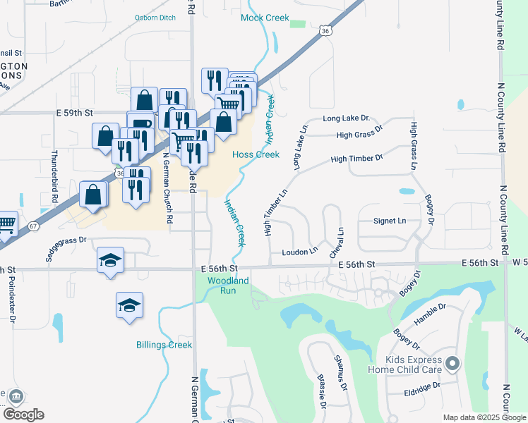 map of restaurants, bars, coffee shops, grocery stores, and more near 5696 Loudon Drive in Indianapolis