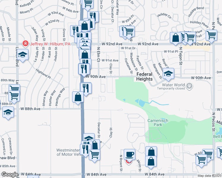 map of restaurants, bars, coffee shops, grocery stores, and more near in Federal Heights
