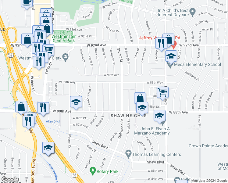 map of restaurants, bars, coffee shops, grocery stores, and more near 8872 Quigley Street in Westminster