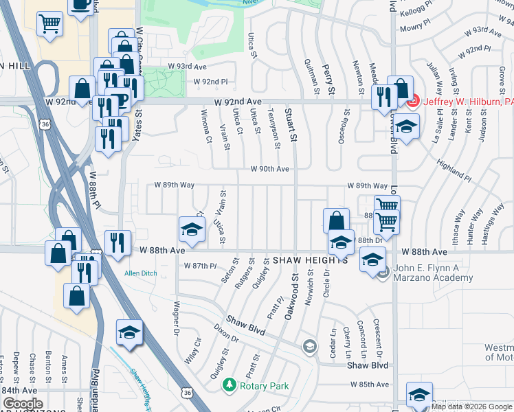 map of restaurants, bars, coffee shops, grocery stores, and more near 8881 Rutgers Street in Westminster