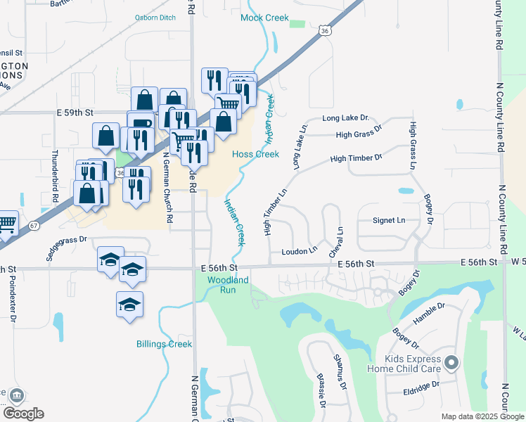 map of restaurants, bars, coffee shops, grocery stores, and more near 5696 Loudon Drive in Indianapolis