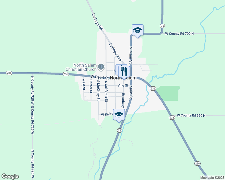 map of restaurants, bars, coffee shops, grocery stores, and more near 102 North California Street in North Salem