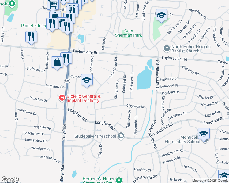 map of restaurants, bars, coffee shops, grocery stores, and more near 7257 Claircrest Drive in Dayton