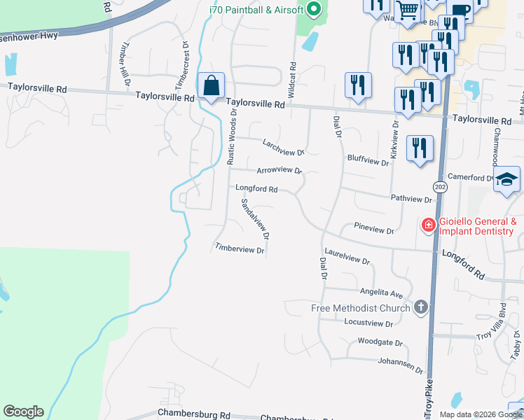 map of restaurants, bars, coffee shops, grocery stores, and more near 7055 Sandalview Drive in Dayton