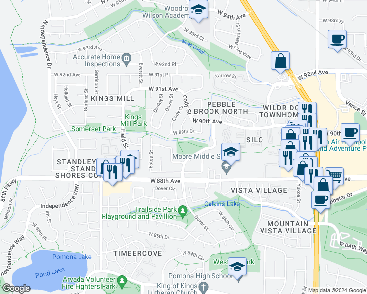 map of restaurants, bars, coffee shops, grocery stores, and more near 8521 West 89th Avenue in Westminster