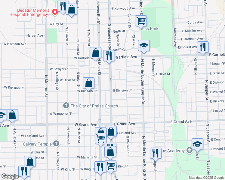map of restaurants, bars, coffee shops, grocery stores, and more near 1600 North Water Street in Decatur