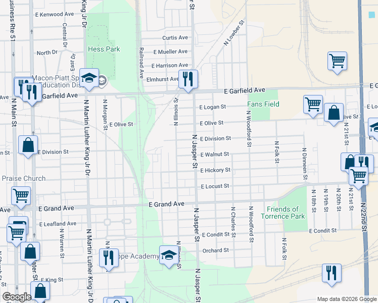 map of restaurants, bars, coffee shops, grocery stores, and more near 1501-1599 North Jasper Street in Decatur