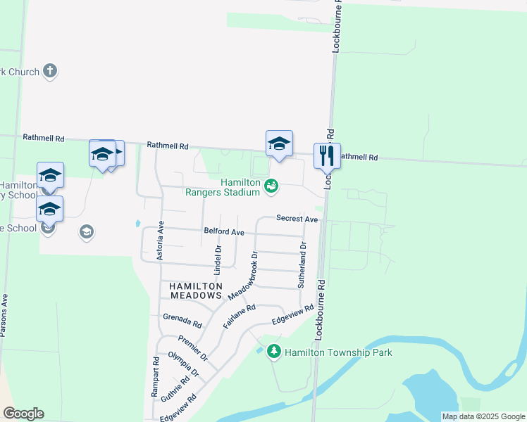 map of restaurants, bars, coffee shops, grocery stores, and more near 1043 Secrest Avenue in Columbus