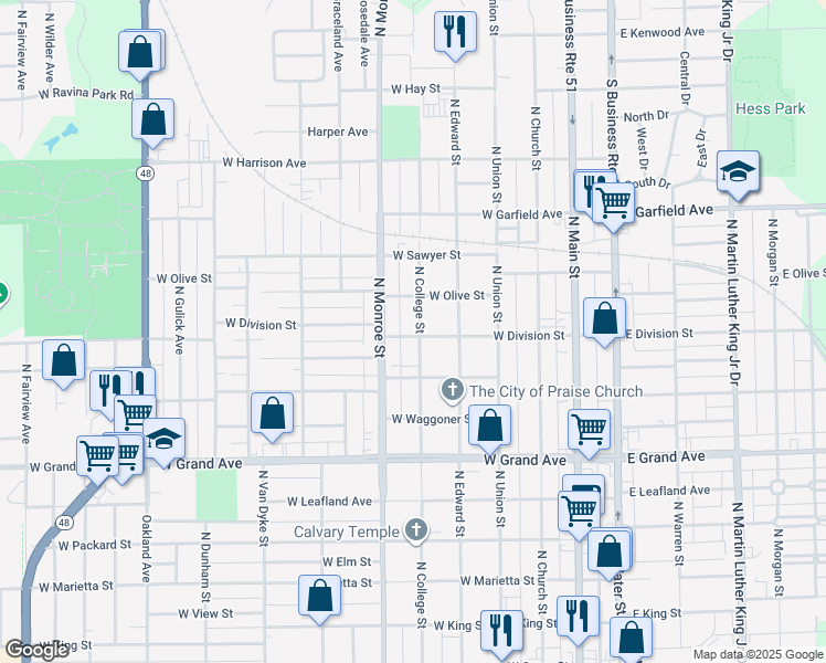 map of restaurants, bars, coffee shops, grocery stores, and more near 1524-1598 North College Street in Decatur
