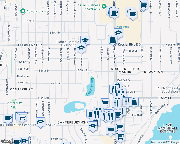 map of restaurants, bars, coffee shops, grocery stores, and more near 5740 Evanston Avenue in Indianapolis
