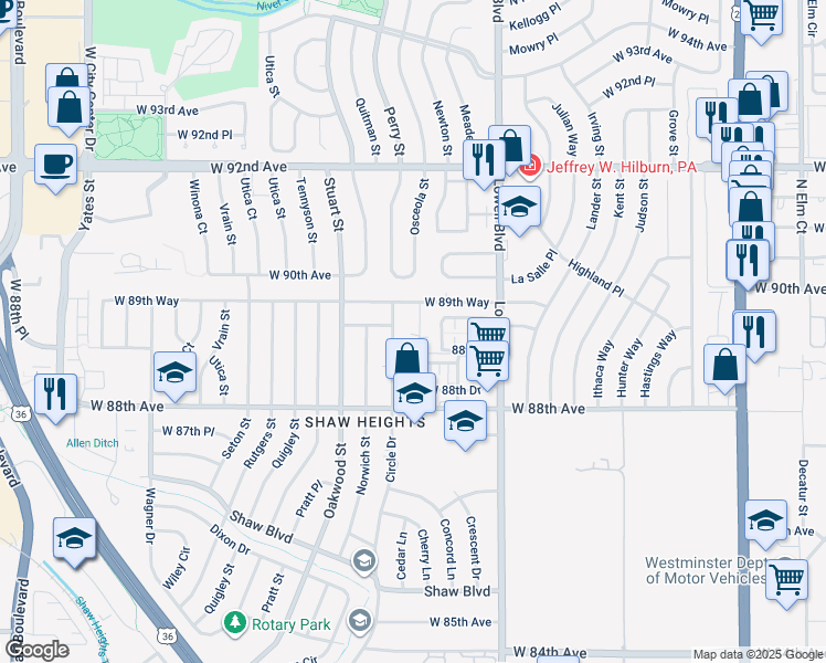 map of restaurants, bars, coffee shops, grocery stores, and more near 8861 Osceola Street in Westminster