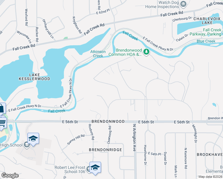 map of restaurants, bars, coffee shops, grocery stores, and more near 5820 Lawrence Drive in Indianapolis