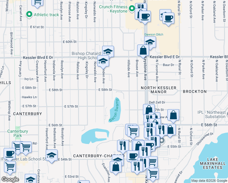 map of restaurants, bars, coffee shops, grocery stores, and more near 5740 Evanston Avenue in Indianapolis