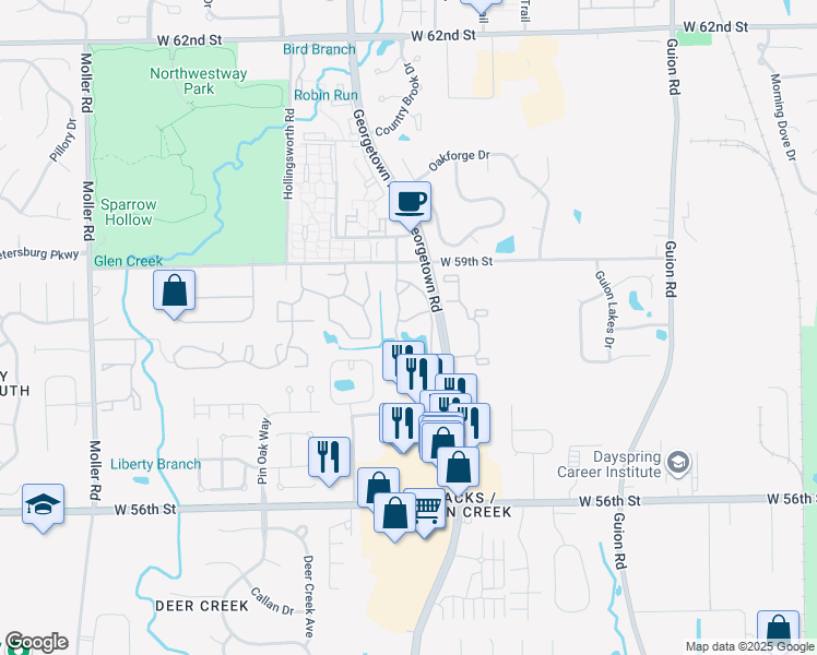 map of restaurants, bars, coffee shops, grocery stores, and more near 5770 Cross Creek Circle in Indianapolis