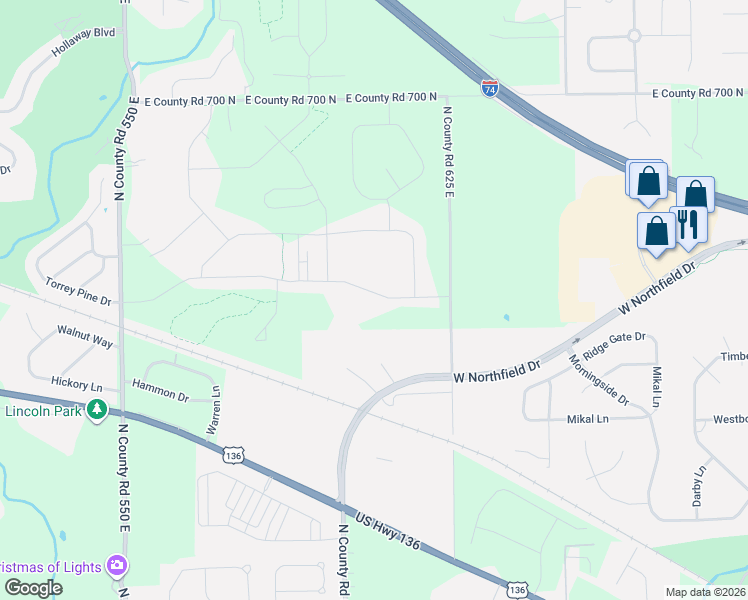 map of restaurants, bars, coffee shops, grocery stores, and more near 1530 West Northfield Drive in Brownsburg