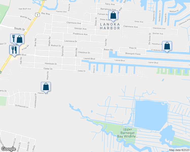 map of restaurants, bars, coffee shops, grocery stores, and more near 423 Cedar Drive in Lacey Township