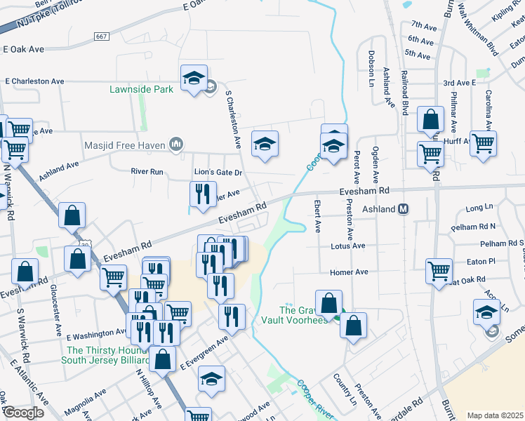 map of restaurants, bars, coffee shops, grocery stores, and more near 6 Stevens Court in Somerdale