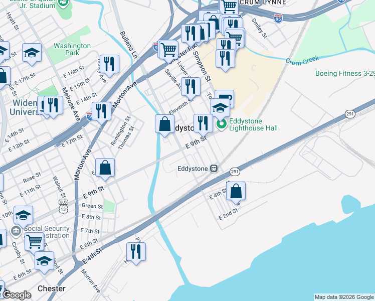 map of restaurants, bars, coffee shops, grocery stores, and more near 738 Ashland Avenue in Eddystone