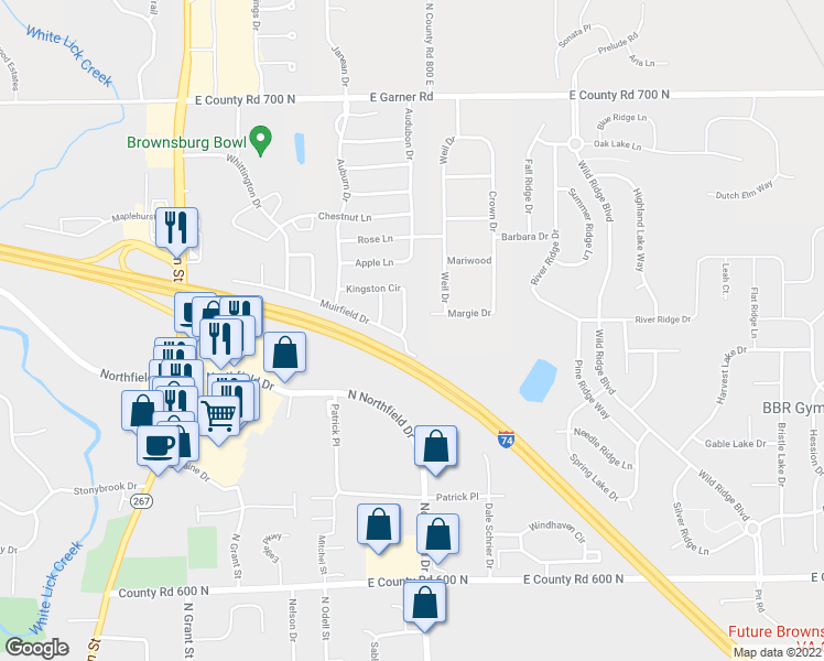 map of restaurants, bars, coffee shops, grocery stores, and more near 784 Kingston Circle in Brownsburg