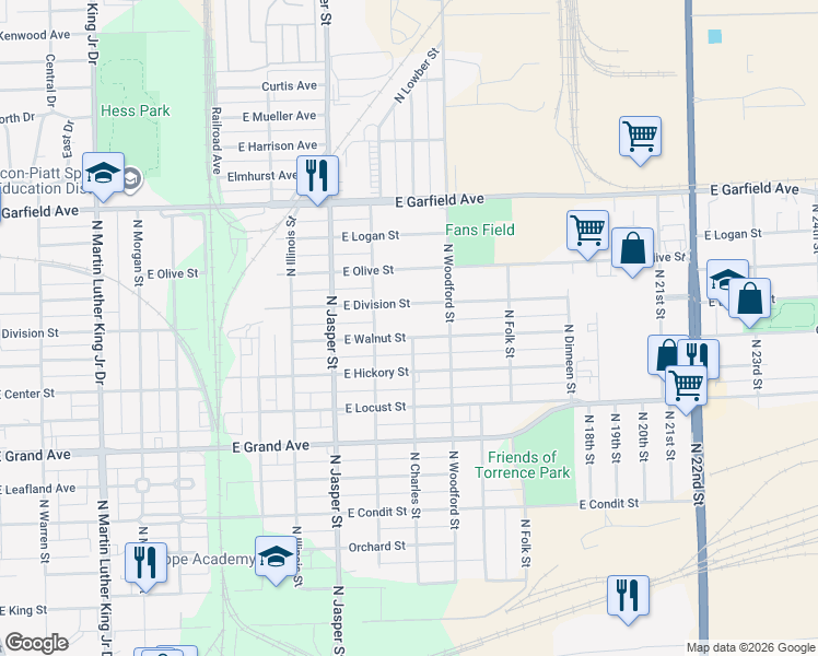 map of restaurants, bars, coffee shops, grocery stores, and more near 1539 North Charles Street in Decatur