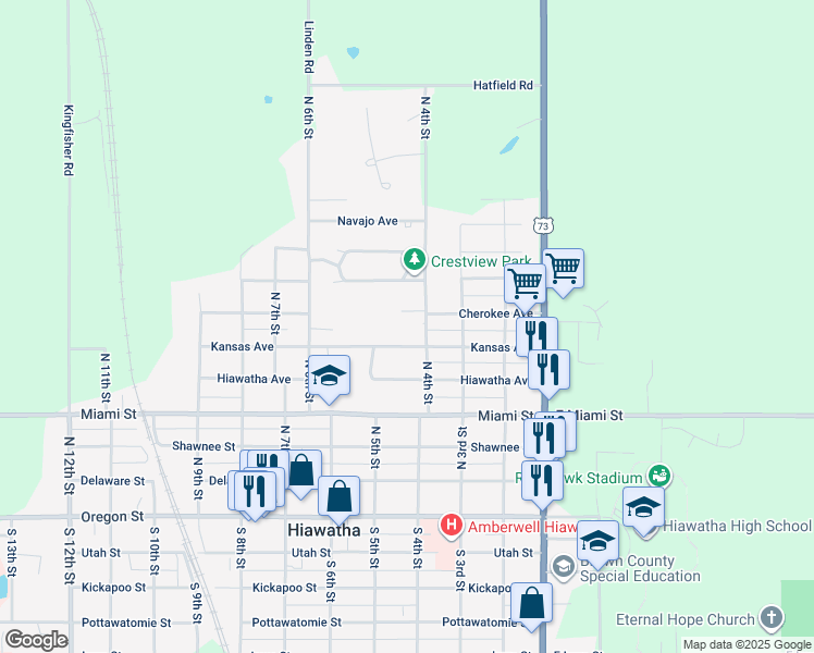 map of restaurants, bars, coffee shops, grocery stores, and more near 400 Kansas Avenue in Hiawatha