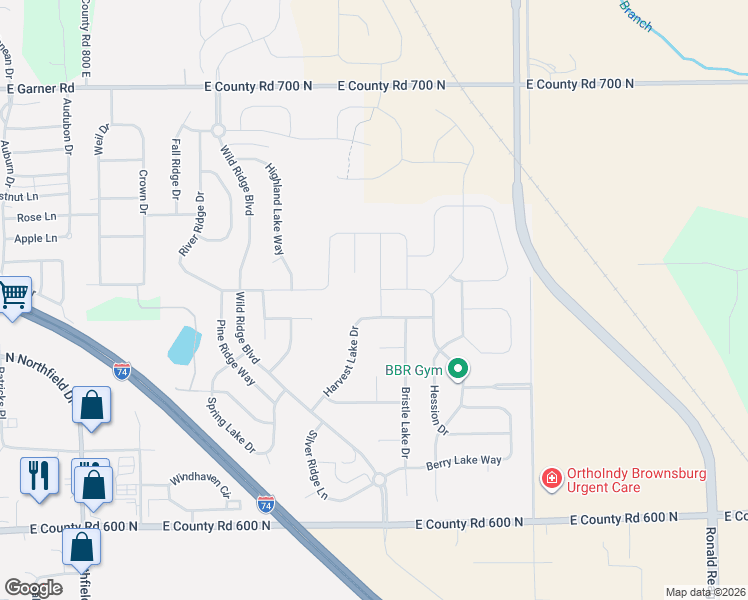 map of restaurants, bars, coffee shops, grocery stores, and more near 861 Harvest Lake Drive in Brownsburg