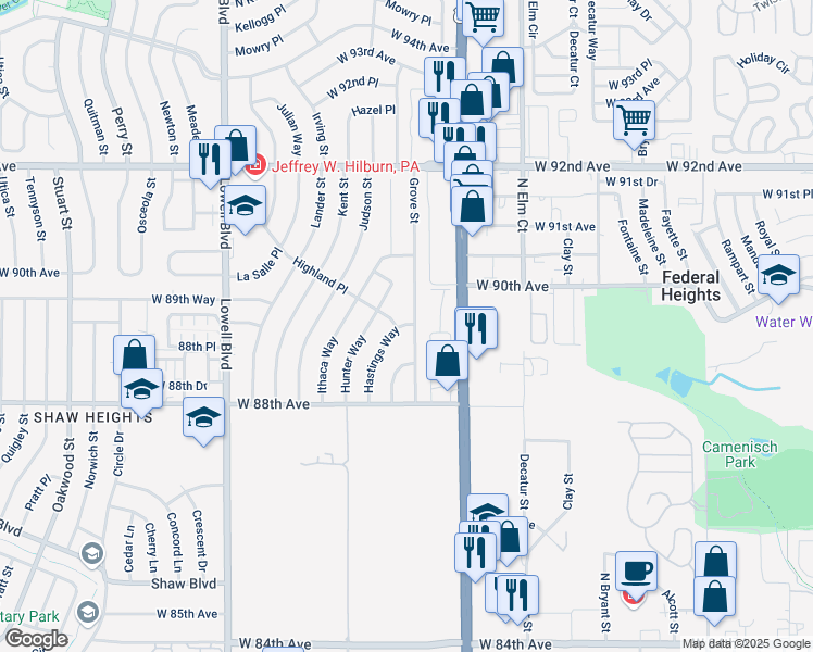 map of restaurants, bars, coffee shops, grocery stores, and more near 8881 Grove Street in Westminster