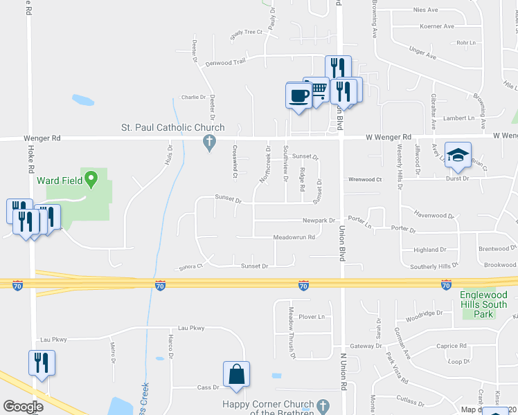 map of restaurants, bars, coffee shops, grocery stores, and more near 885 Sunset Drive in Englewood