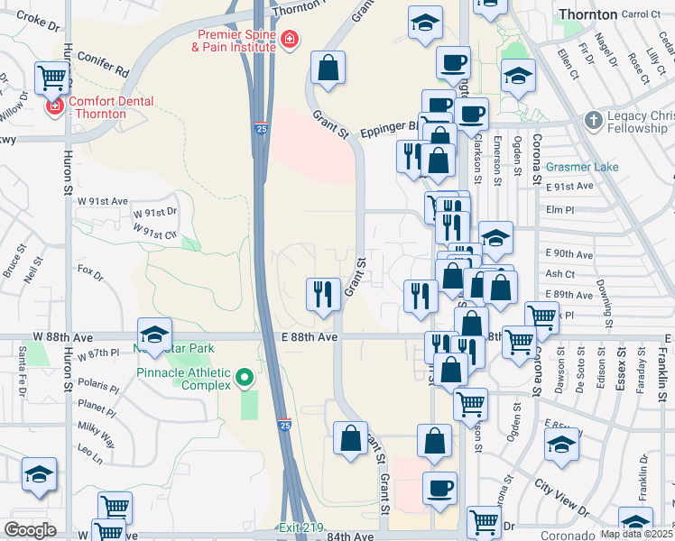 map of restaurants, bars, coffee shops, grocery stores, and more near 8901 Grant Street in Thornton