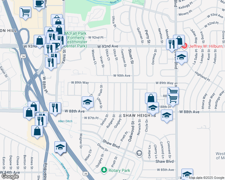 map of restaurants, bars, coffee shops, grocery stores, and more near 8881 Rutgers Street in Westminster