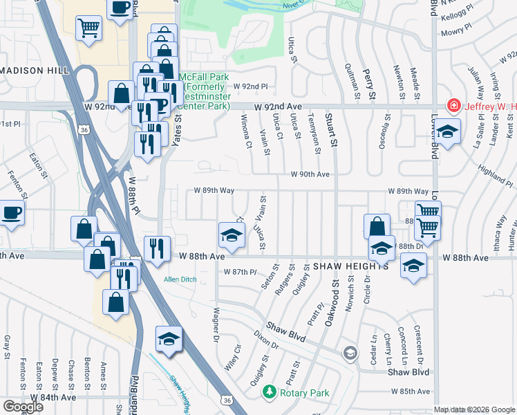 map of restaurants, bars, coffee shops, grocery stores, and more near 8886 Vrain Street in Westminster