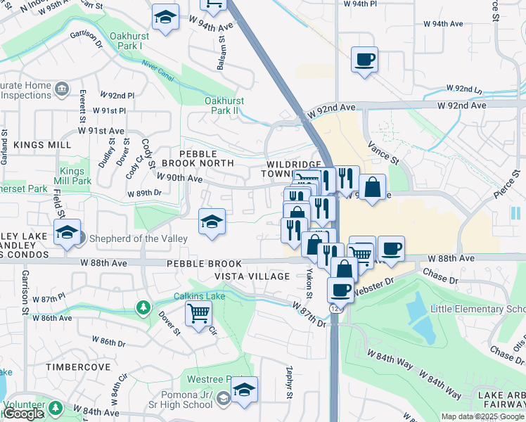 map of restaurants, bars, coffee shops, grocery stores, and more near 8883 Yukon Street in Broomfield