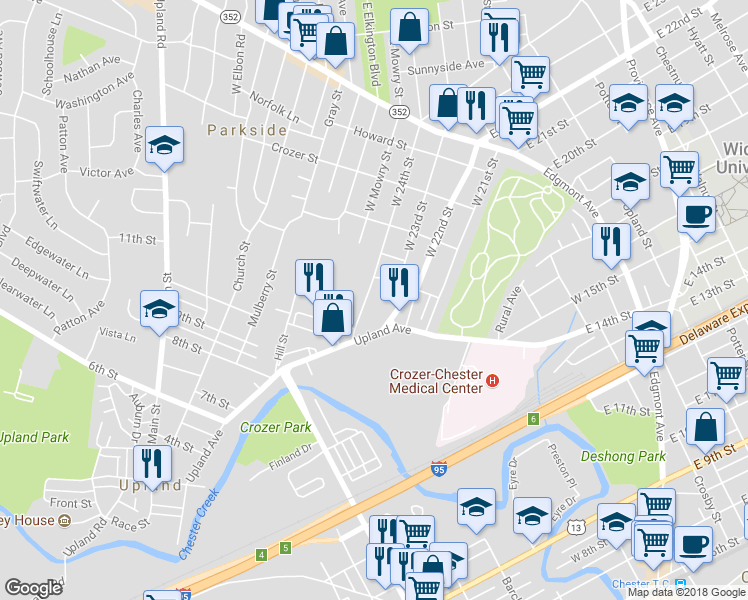 map of restaurants, bars, coffee shops, grocery stores, and more near 509 West 24th Street in Chester