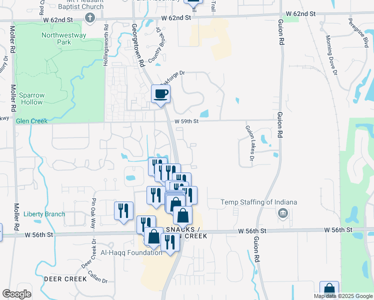 map of restaurants, bars, coffee shops, grocery stores, and more near 5764 Sebring Drive in Indianapolis