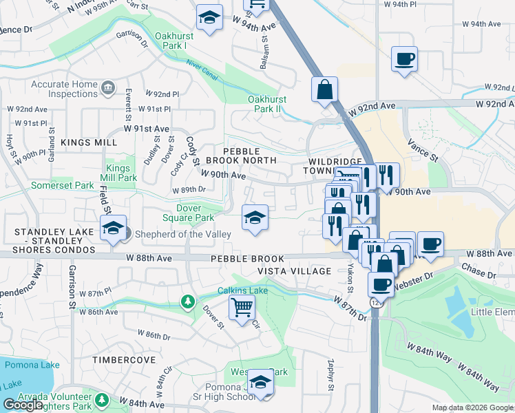 map of restaurants, bars, coffee shops, grocery stores, and more near 8326 West 90th Avenue in Westminster