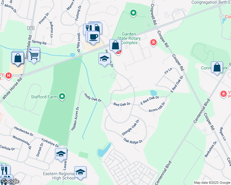 map of restaurants, bars, coffee shops, grocery stores, and more near 18 Oak Hollow Drive in Voorhees Township