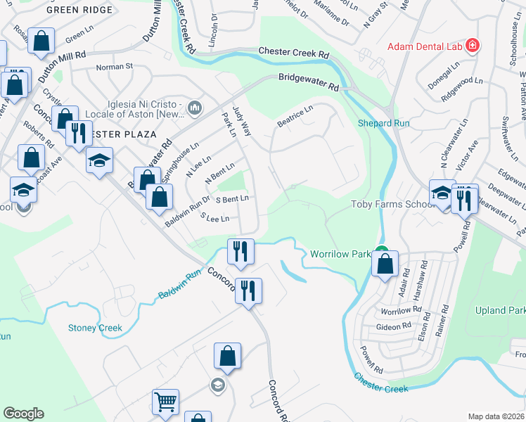 map of restaurants, bars, coffee shops, grocery stores, and more near 4101 Park Lane in Aston