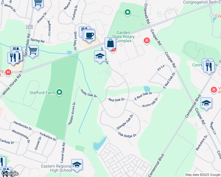 map of restaurants, bars, coffee shops, grocery stores, and more near 18 Oak Hollow Drive in Voorhees Township